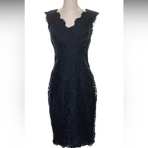 Stunning Tadashi Shoji Black Lace V-Neck Scallop Edged Cocktail Dress